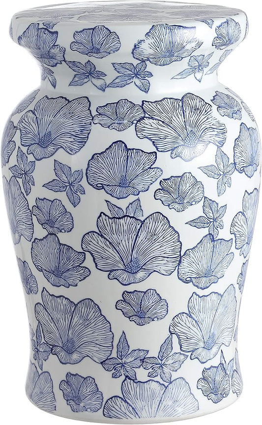 JONATHAN Y Poppies 17.75" Ceramic Drum Garden Stool, Traditional White and Blue Floral Chinoiserie Indoor/Outdoor Side Table, Plant Stand, Patio, White/Blue TBL1018A