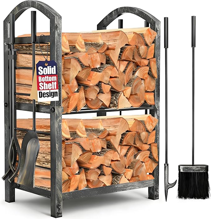 AMAGABELI GARDEN & HOME Firewood Rack Indoor with Tools 5-Piece Fireplace Tools Set Wood Holder Wrought Iron Log Holder Firewood Storage Rack for Fireplace,Fire Pit,Wood Stove Antique Silver