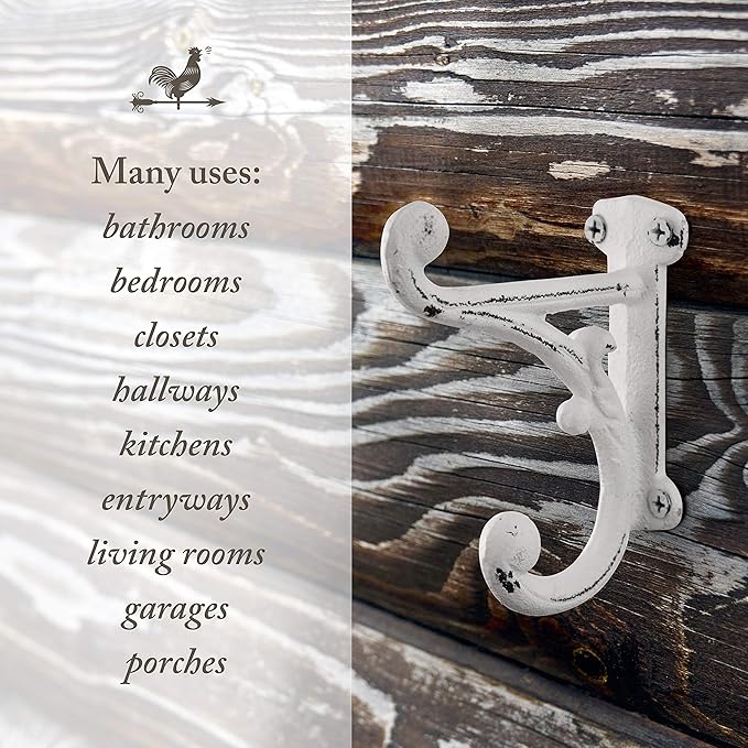 Rustic Cast Iron Coat Hooks Antique White, Wall Mounted, Farmhouse Decorative