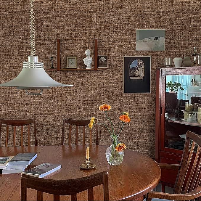 Brown Grasscloth Peel and Stick Wallpaper 17.3"x480" Faux Linen Textured