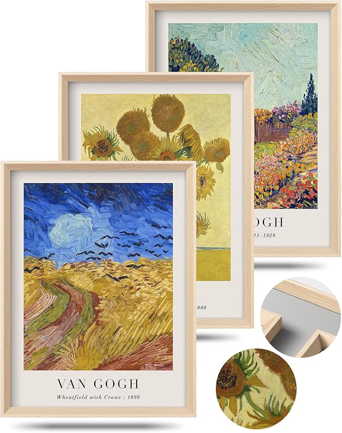 HesenDot Van Gogh Framed Wall Art Set of 3, 12x16 Inch Canvas Prints, Wheatfield