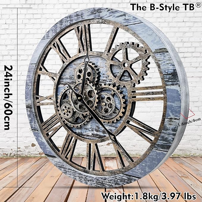 The B-Style Large Wall Clock 24 inch Moving Gear Wall Clock Oversized Vintage