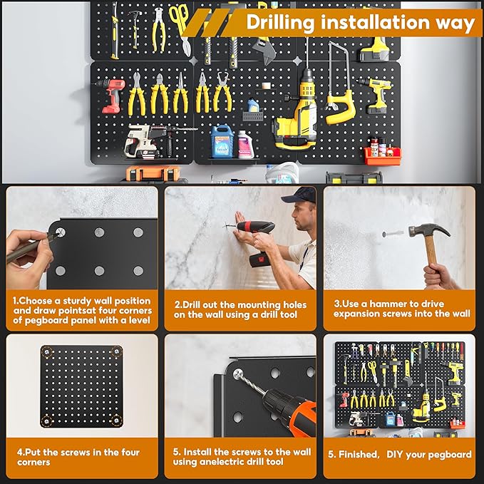 Peg Board, 6 Pack Black Peg Board Panels, 50lbs Load Capacity Each, Pegboard