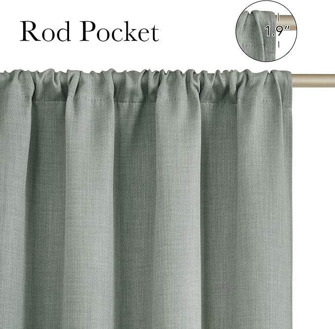 NICETOWN Sage Green Faux Linen Room Darkening Rod Pocket Curtains 63 inch Length