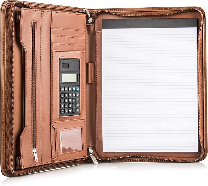 Cossini Premium Business Portfolio with Zipper – Padfolio - Superior Business Impressions Begin with PU Vegan Leather, 10.1 Inch Tablet Sleeve, Smart Storage, Solar Calculator, Writing Pad - Tan