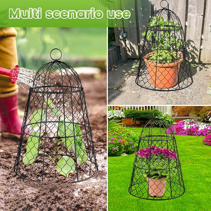 8 Pcs Garden Cloches for Plants, Metal Extra Large Chicken Wire Cloche Plant Covers, Garden Netting Plant Protectors from Animals to Keep Squirrel, Rabbit, Chicken and Bird Out 17" H x 13" D Black