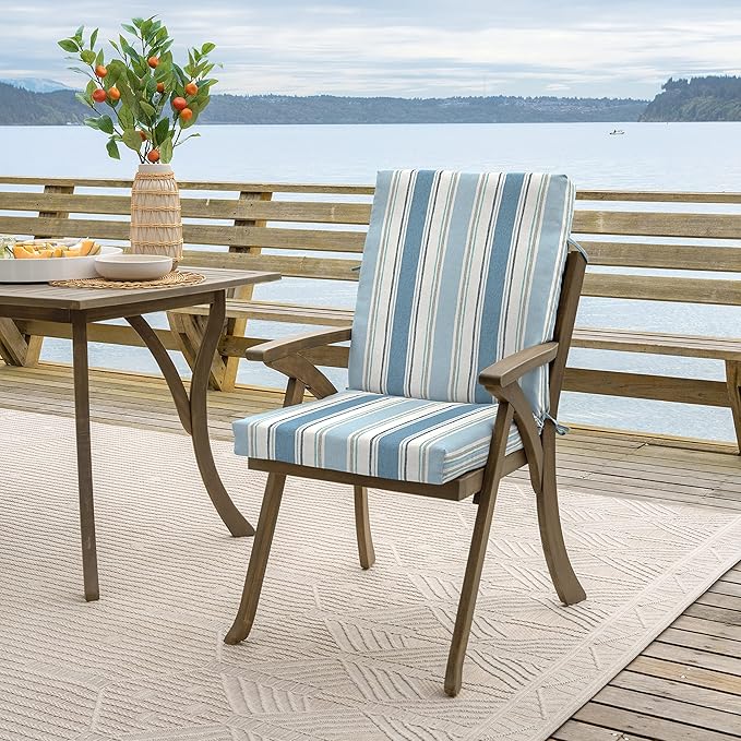 Arden 2-Pack Outdoor Patio Dining Chair Cushion, 20x44, Rain-Proof Seat Pad, Fade-Resistant Outdoor Cushion French Blue Linen Stripe