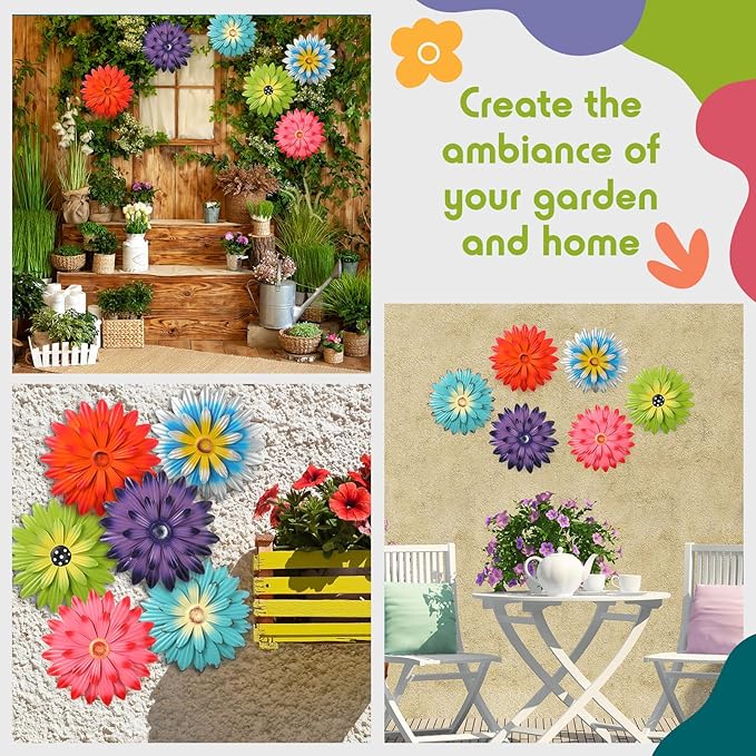 Zhehao 6 Pcs Metal Flower Wall Art Decor 10 Inch Sunflower Wall Decorations Hanging Outdoor Art Multicolored Handmade Metal Flowers Outdoor Decor (Vivid Color)