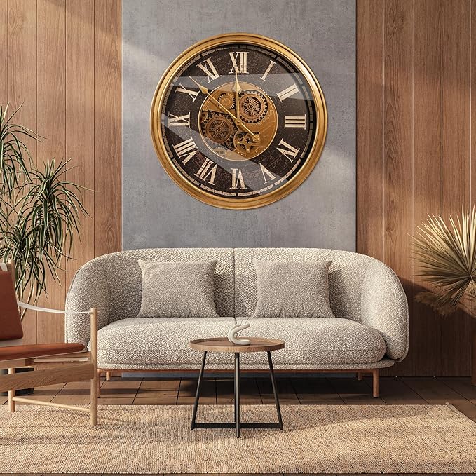 October Elf Large Real Moving Gears Wall Clock 24 Inch Vintage Industrial