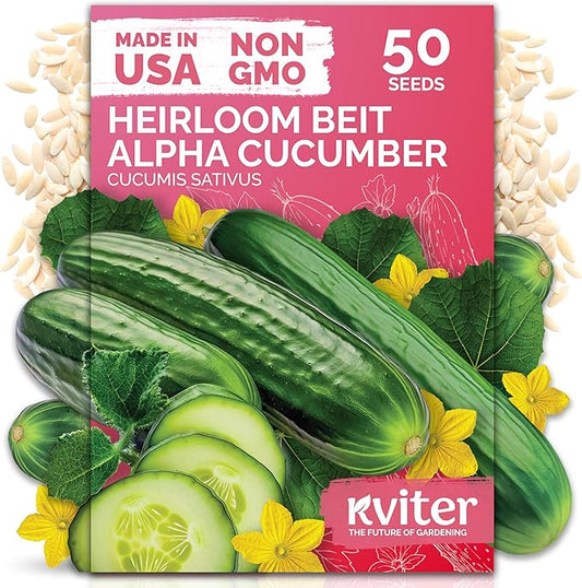 KVITER 50 Beit Alpha Cucumber Seeds for Planting (Cucumis sativus) â Persian Cucumbers, Parthenocarpic Cucumber â Non GMO, Heirloom Vegetable Seeds for Home Garden, Containers & Greenhouses