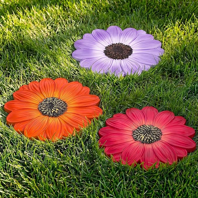 Cinnvoice 3 Pack Garden Stepping Stone Outdoor, Decorative Dimensional Resin Stepping Stones for Patio Pathway Landscaping Walkway Sculpture Yard Backyard Lawn(Daisy,10 Inches)