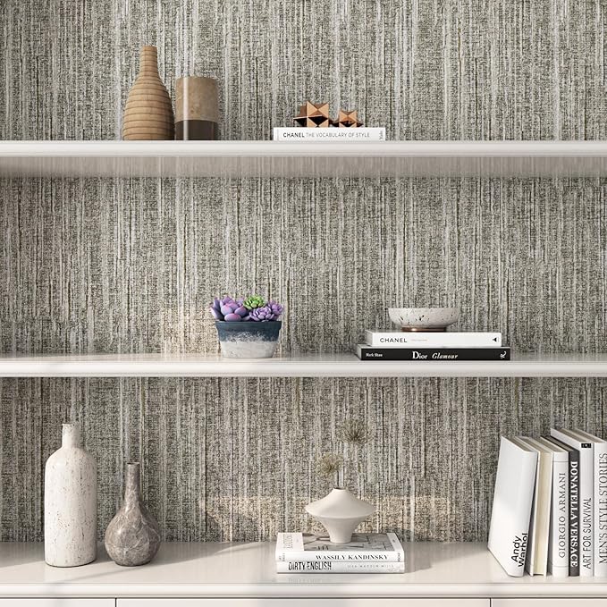 FunStick Taupe Grasscloth Peel and Stick Wallpaper Textured Grass Cloth