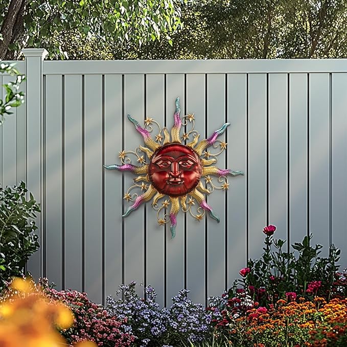 TERESA'S COLLECTIONS Outdoor Sun Metal Wall Art for Outdoor Decor,32" Red Sun Face 3D Wall Decor for Garden Decor,Rustic Retro Hanging Sculpture for Outside indoor Home Patio Farmhouse Gifts for Mom