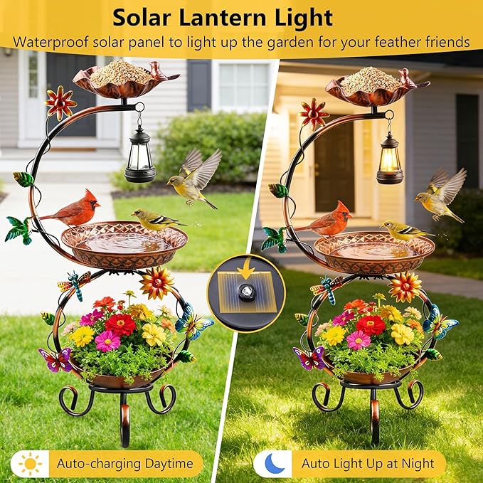Metal Bird Bath for Outside, 3 in 1 Large Bird Birdbaths for Outdoors with Solar Lamp & Flower Planter Pedestal, Vintage Freestanding Bird Feeder Water Bowl for Garden Yard Lawn Decor, Bronze