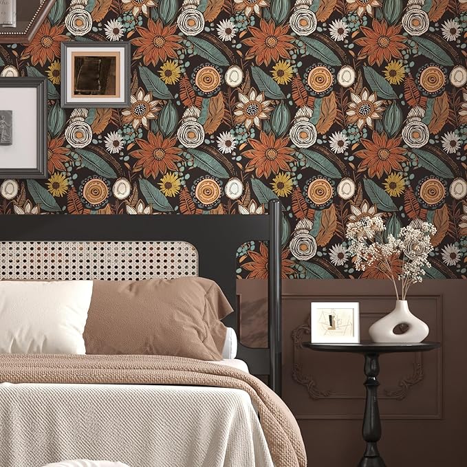 Laatse Rustic Boho Wallpaper Peel and Stick, Vintage Dark Brown Floral Contact