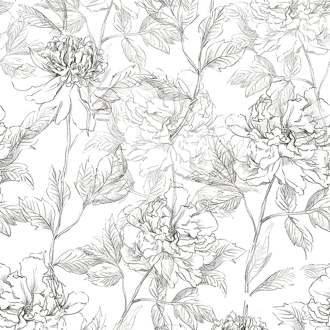 JiffDiff Floral Wallpaper Black & White Peel and Stick Vintage Peony Wall Paper