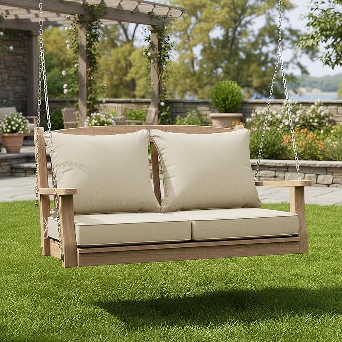 Summsun Patio Chair Cushions Set of 2, Faux Linen Outdoor Furniture Cushions, Water Resistant Backrest and Seat Cushion Set with Ties, Removable Cover, Non-Slip Bottom, 19 x 19 Inch, Beige