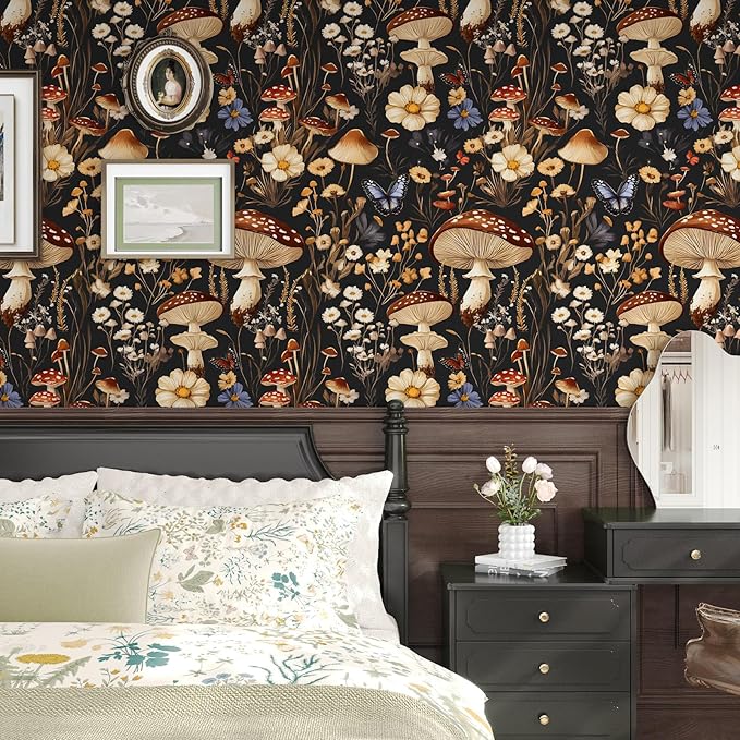 BOKEBEVE Extra Long Mushroom Peel and Stick Wallpaper Vintage Wallpaper Floral