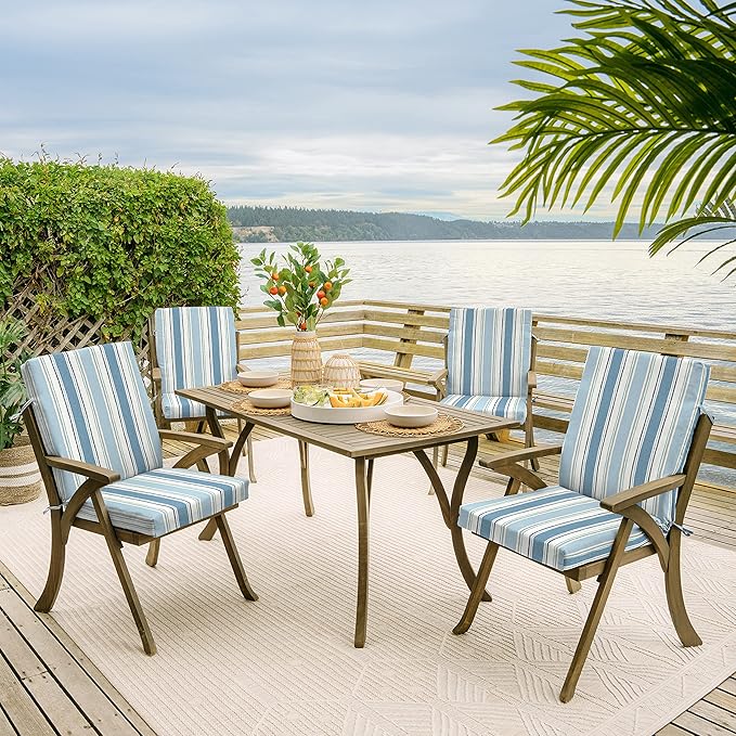 Arden 2-Pack Outdoor Patio Dining Chair Cushion, 20x44, Rain-Proof Seat Pad, Fade-Resistant Outdoor Cushion French Blue Linen Stripe
