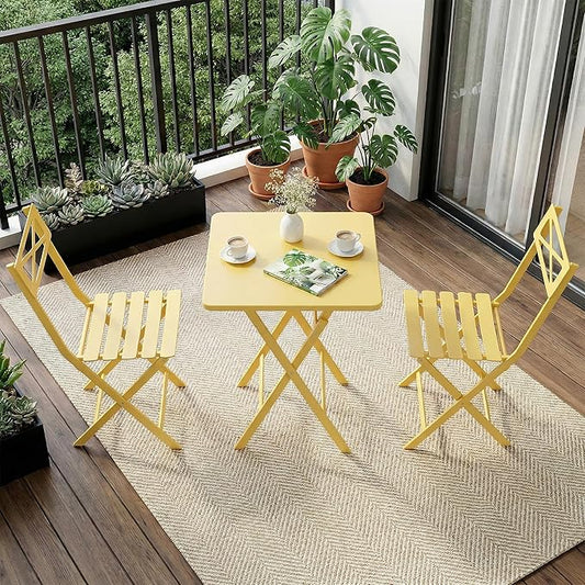 Outdoor Square Bistro Set 3 Piece, Yellow Iron Tube Patio Furniture Set with Square Table & 2 Chairs, Foldable Steel Backyard Deck Porch Garden , Space Saving Outdoor Dining Set for Small Spaces