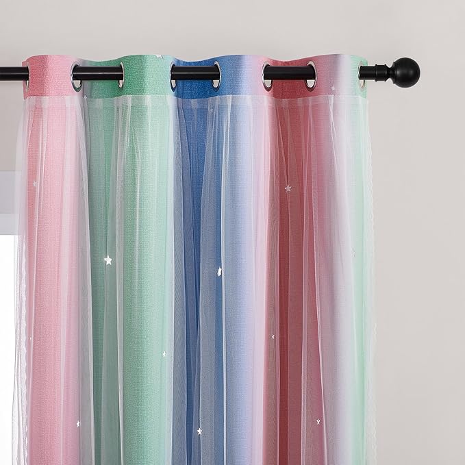 XiDi Curtains for Bedroom Decor, Rainbow Pink GreenBlue52/54/1