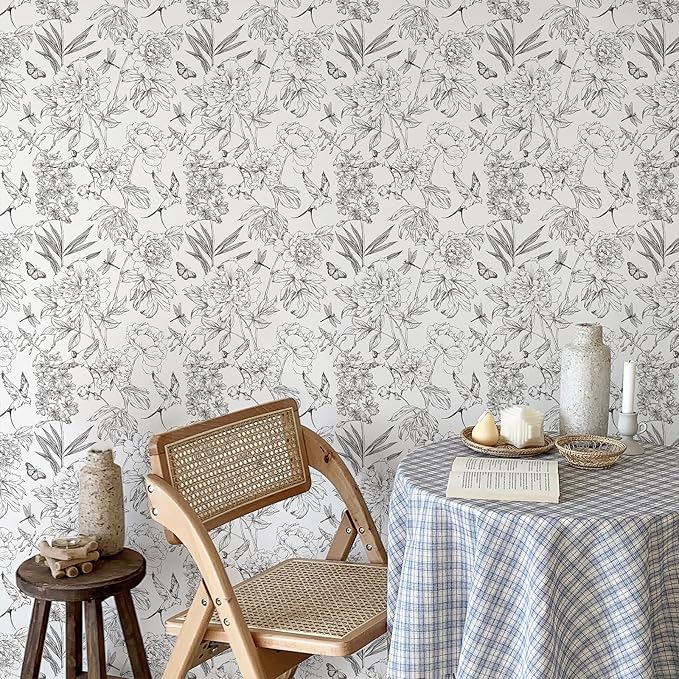 JiffDiff White and Black Wallpaper Peel and Stick Sketched Peony Floral