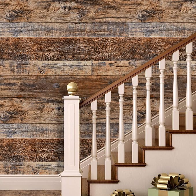 WENMER 17.71" x 1181" Brown Wood Wallpaper Peel and Stick Wallpaper Shiplap