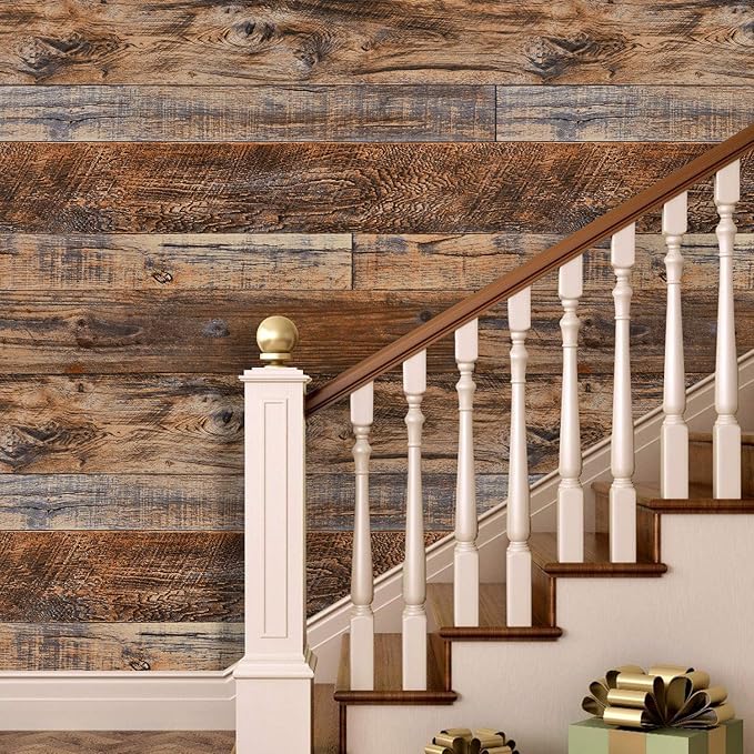 WENMER 17.71" x 394" Brown Wood Peel and Stick Wallpaper Shiplap Self Adhesive