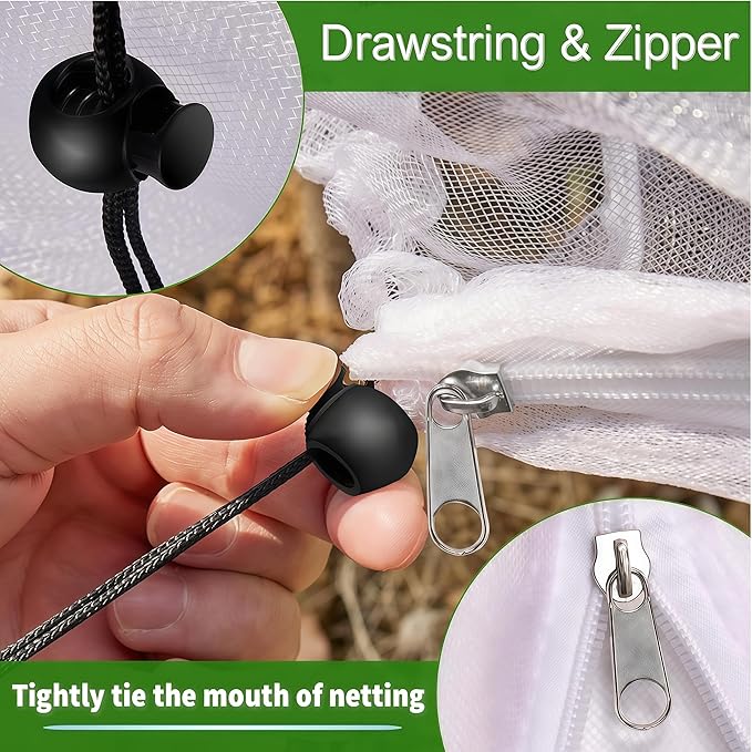 2 Pack 10x13.7Ft Extra Large Drawstring & Zipper Fruit Tree Netting Cover - Reusable Bird Netting for Blueberry Bushes, Anti-Cicada/Deer/Squirrel Large Plant Protection Net