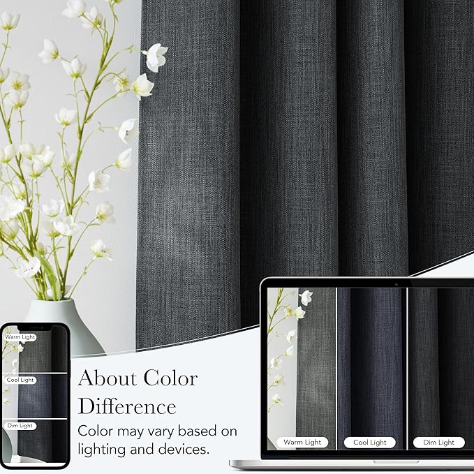 NICETOWN Charcoal Gray Faux Linen Room Darkening Rod Pocket Curtains 63 inch