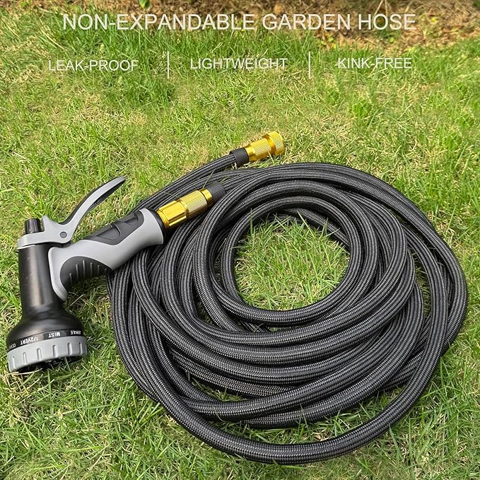 Garden Hose Non-Expandable 25 ft, Lightweight Flexible Water Hose with 10 Function Spray Nozzle, Outdoor Leak Proof, Kink-Free, Portable Hose for Yard, Lawn, Camper, High-Density Fabric, Black Grey