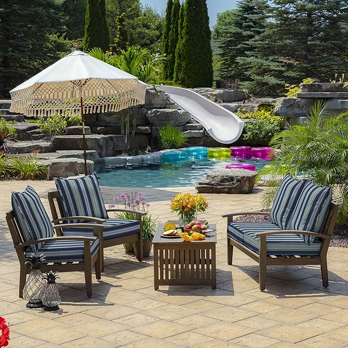 Arden Outdoor Foam Deep Seat Cushion Set, 24x24, Premium High-Density Foam, Never Flattens, Weather-Proof for Patio Chair Sofa Couch, Sapphire Aurora Blue Stripe