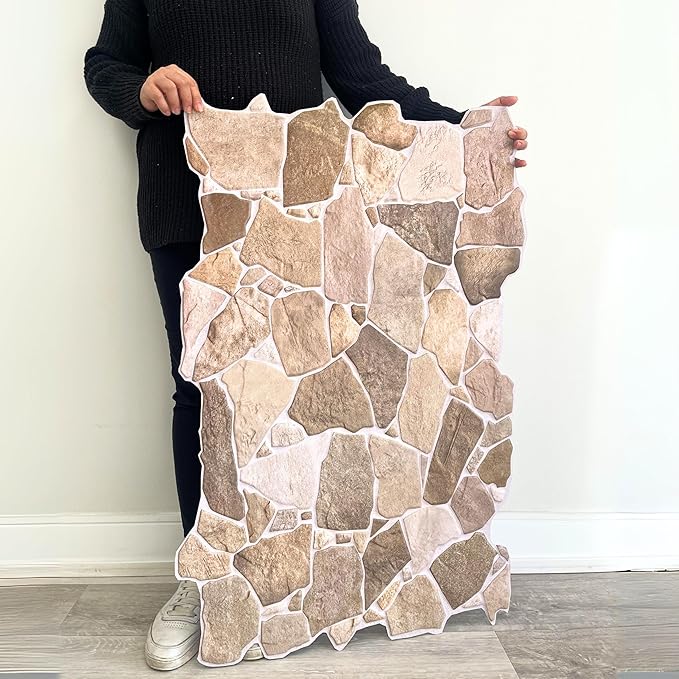 Dundee Deco 3D Wall Panels Faux Stone PVC Brown Beige, 3.2 ft X 2.1 ft