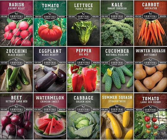 Vegetable Garden Seed Vault for Planting â 15 Pack Collection | Heirloom Non-GMO Family Garden Kit & Gift â Tomato, Lettuce, Cucumber & Squash â Indoor or Outdoor Growing â Survival Garden Seeds