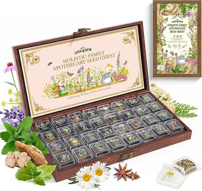 Lush&Dew Holistic Family Apothecary Seed Chest, 30,000+ Medicinal Herb Survival Seed Kit, Gardening Gifts for Women Men, 32 Varieties Heirloom Non-GMO Culinary Herb Seeds for Raised Bed Windowsill