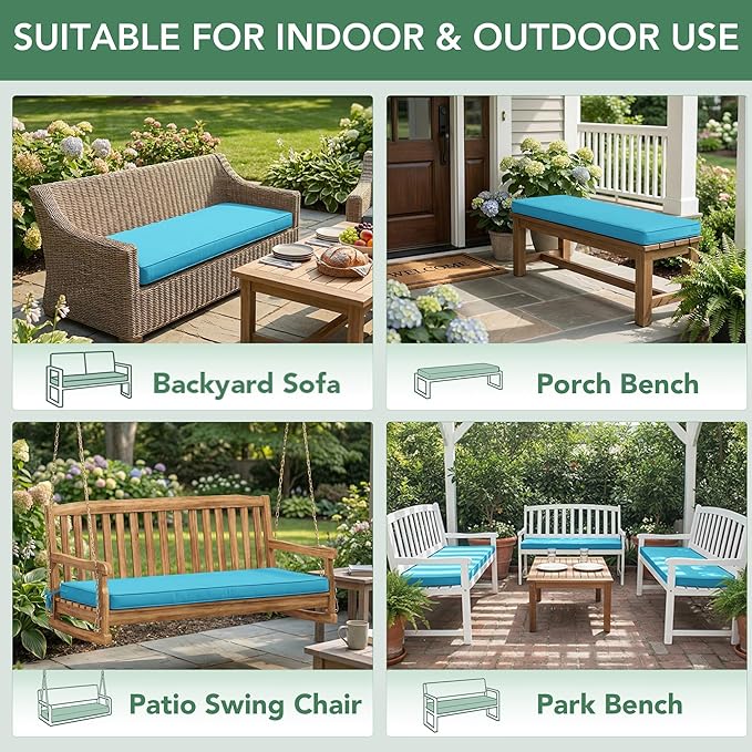 Summsun Outdoor Bench Cushion: Waterproof and Fade Resistant Patio Furniture Cushions - Non-Slip Bench Pad Cushion with Removable Cover for Garden Swing Porch Sofa Settee, 48 x 18 x 3 Inch, Teal