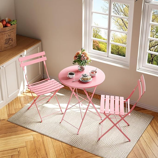 Premium Steel Frame Patio Bistro Set, 3-Piece Outdoor Folding Table and Chairs, Weather Resistant Conversation Sets of 2, Space Saving Patio Furniture for Backyard Balcony Porch Garden, Black (Pink)