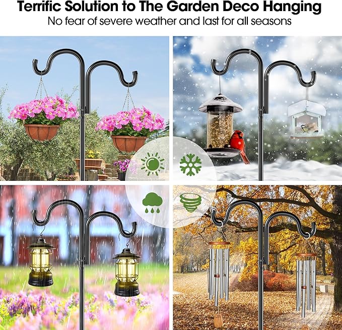 Double Shepherds Hooks for Outdoor, 60" Heavy Duty Bird Feeder Pole with 5 Prong Base, Adjustable Shepherds Hook for Bird feeders Outside, Garden, Weddings, Hanging Plants, 2 Pack, Black