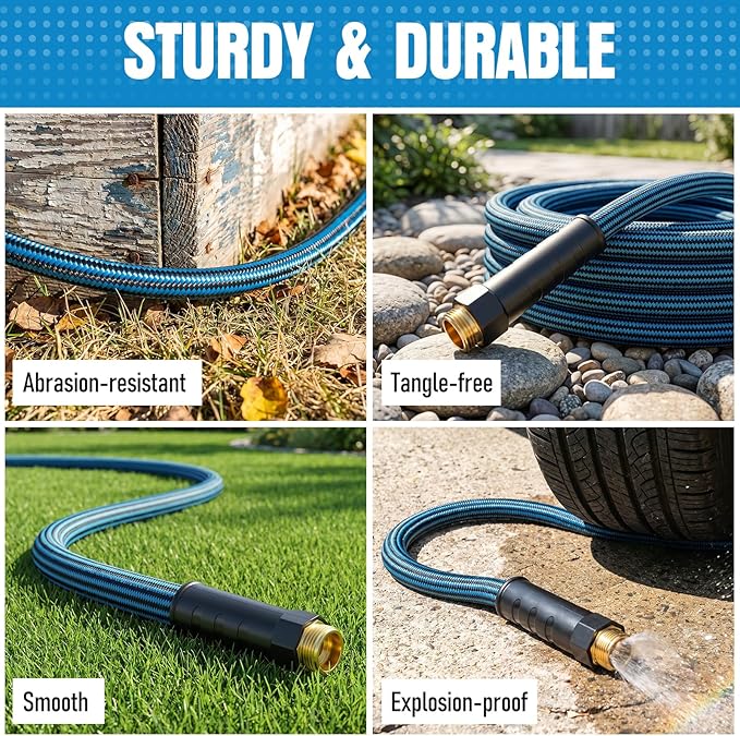 NON-EXPANDABLE Garden Hose 50 ft, Heavy Duty Flexible Water Hose, Kink Resistant Lightweight Hybrid Hose with Durable Fabric Skin, Leakproof Hose Male to Female Fittings