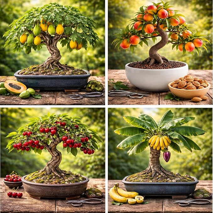 Bonsai Fruit Tree Seeds Bundle, 4 Pack – 10 Papaya, 10 Peach, 10 Cherry, 10 Banana – Grow Miniature Fruit Trees – Exotic Indoor & Outdoor Bonsai Plant Kit – Garden Starter Seed Pack