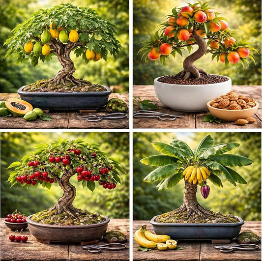 Bonsai Fruit Tree Seeds Bundle, 4 Pack – 10 Papaya, 10 Peach, 10 Cherry, 10 Banana – Grow Miniature Fruit Trees – Exotic Indoor & Outdoor Bonsai Plant Kit – Garden Starter Seed Pack
