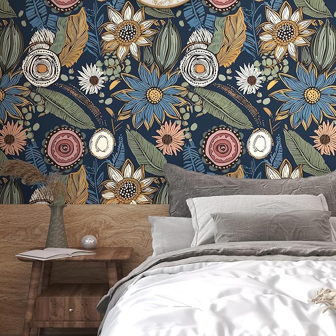 Blue Wallpaper Peel and Stick, Vintage Boho Floral Contact Paper 17.5" x 118"