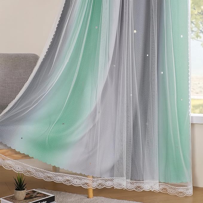XiDi Curtains for Bedroom Decor, Rainbow Green LightgreyGrey52/45/1