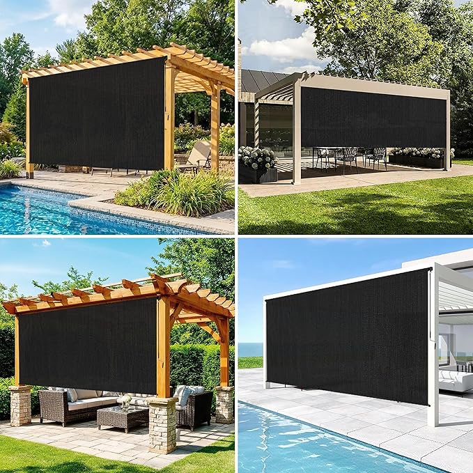 7'W x 6'H Black Patio Shades Roll up Outdoor Roller Shade Crank Wand Blind