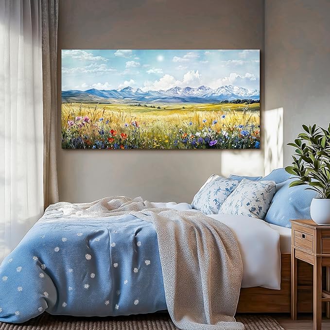 SERIMINO Outdoor Landscape Large Wall Art, Nature Country Scenic Canvas Art Prints, Meadow Wildflowers Big Artwork for Walls, Mountain Cloud Sunlit Pictures for Living Room Dining Room 29"X57"
