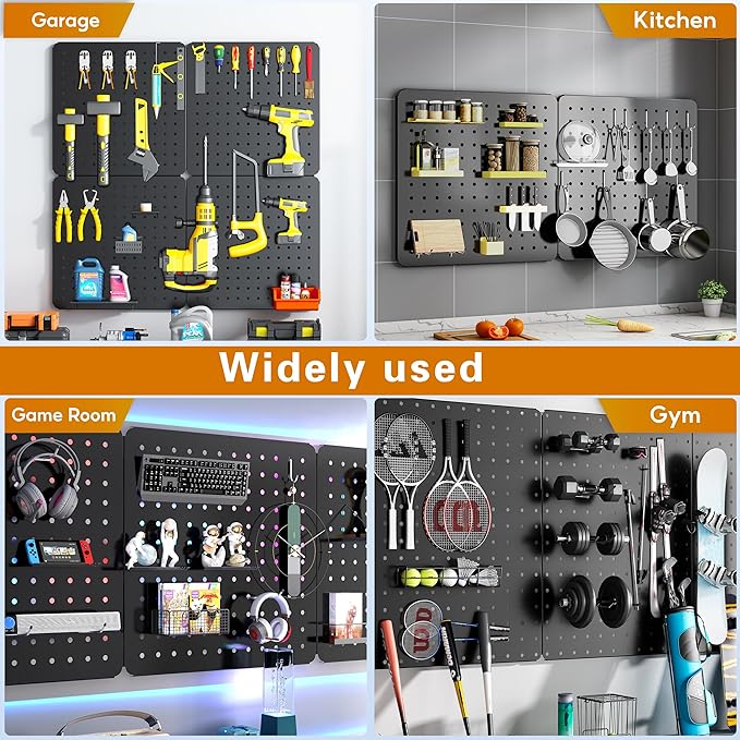 Peg Board, 4 Pack Black Peg Board Panels, 50lbs Load Capacity Each, Pegboard