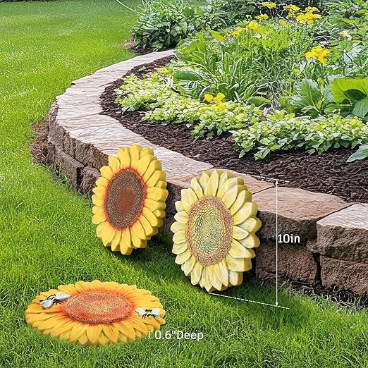 3 Pack Sunflower Stepping Stones for Garden, 10-Inch Faux Stepping Stones Outdoor, Decorative Hand-Painted Garden Stones, Weather-Resistant Pathway Stones for Walkway Yard Patio, Large Stepping Stones