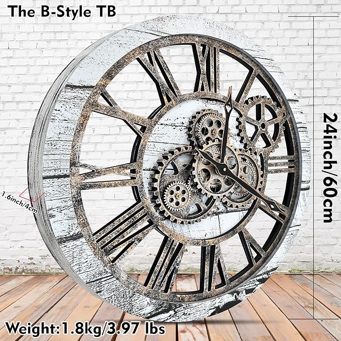The B-Style Large Wall Clock 24 inch Moving Gear Wall Clock Oversized Vintage