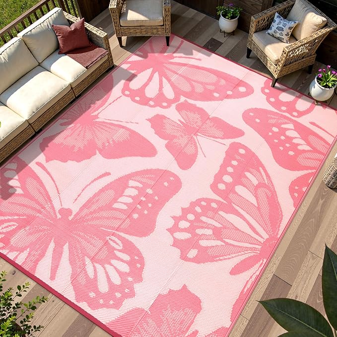 Anidaroel Pink Camping Rug for Outside RV, 8'x10' Waterproof Outdoor Rug for Patio Clearance, Reversible Plastic Straw Outside Rug, Outdoor Camping Mat for Deck, Camper, Backyard, Picnic(Pink,8âX10')