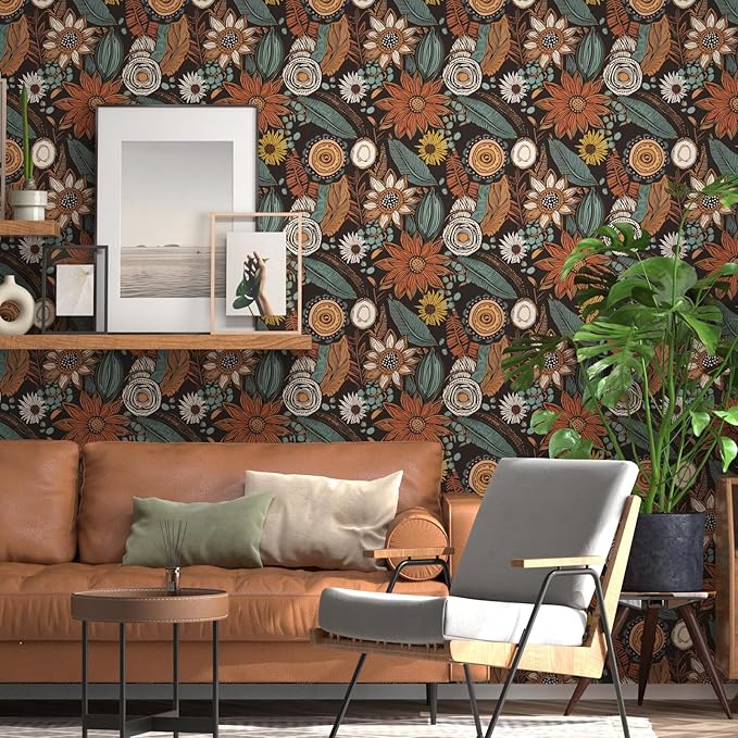 Laatse Rustic Boho Wallpaper Peel and Stick, Vintage Dark Brown Floral Contact